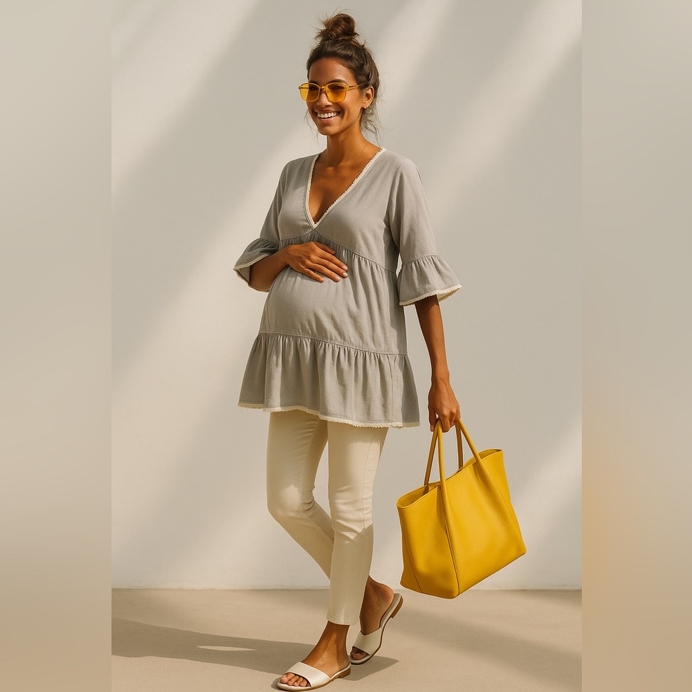 Organic Cotton Maternity Tunic Dress with Cotton Lace Trim- Non-toxic, Comfy - Picture 5 of 10